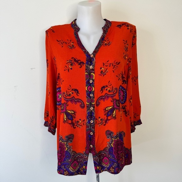 Jones New York Blouse Gold Buttons Paisley Tunic Moroccan Orange Top Shirt Sz L - Picture 2 of 16